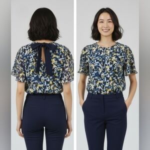 H&M Size M Flowy Abstract Print Summer Women's Top With Back Blue Bow